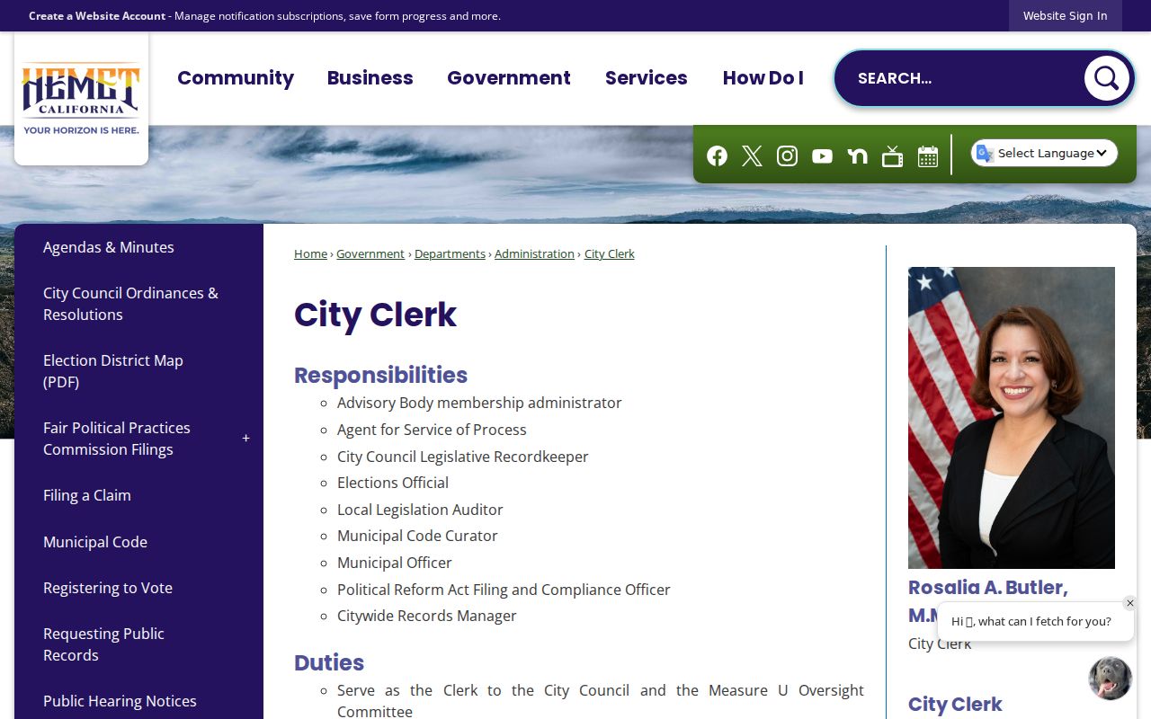 Hemet City Clerk records contact page for the Hemet residents directory