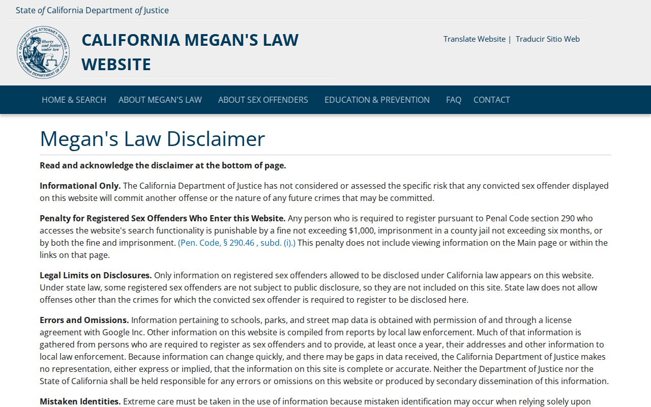 California Megan's Law search warning for Hemet privacy research