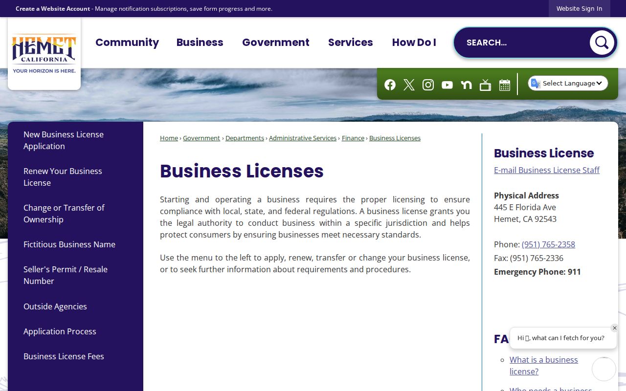 Hemet business-license page as a public civic contact route