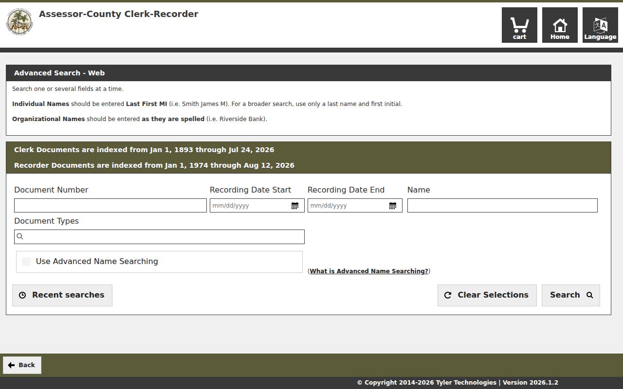 Riverside ACR recorder index for Hemet street deed research