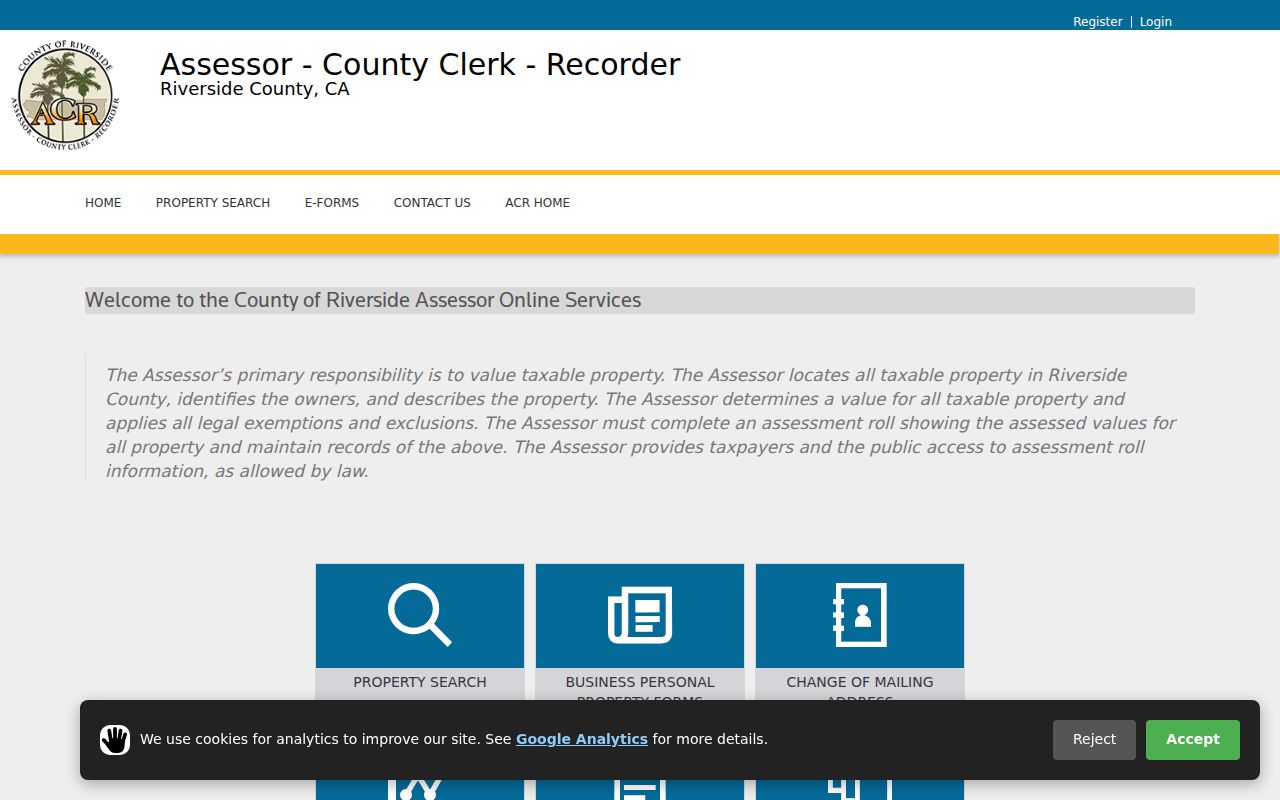 Riverside ACR property search landing page for Hemet street records